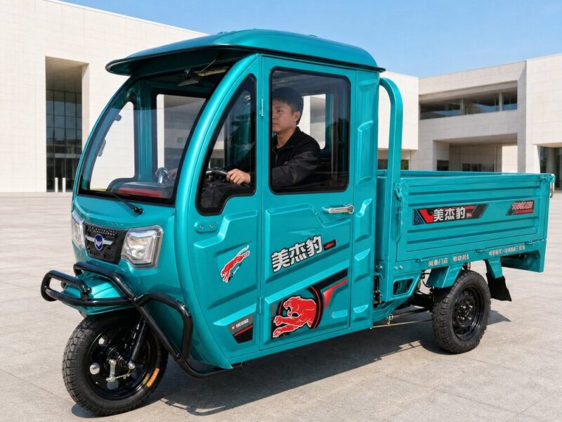 60V Electric Cargo Tricycle 501-800W Closed Cabin Three Wheel Utility Vehicle Rear Load Bed