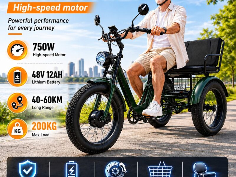 Large Seat Fat Tire Snow Electric Tricycle, EEC Certified 750W Passenger & Cargo Trike with Lithium Battery for Adults