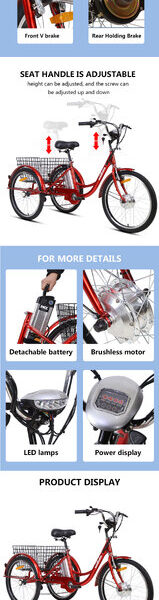 The Newest Hot Adult Electric Tricycle 24 Inch 3 Wheel with Lithium Battery Brushless Motor Rear Basket & 300KG Load Capacity